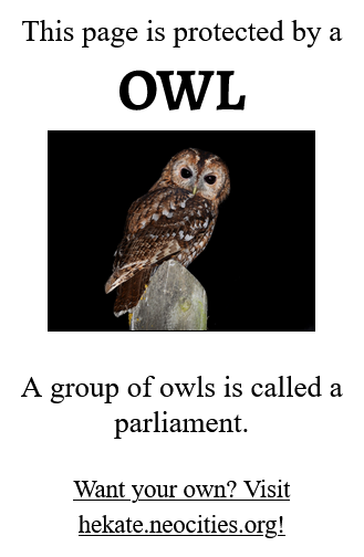 This page is protected by a OWL. A group of owls is called a parliament. Want your own? Visit hekate.neocities.org!